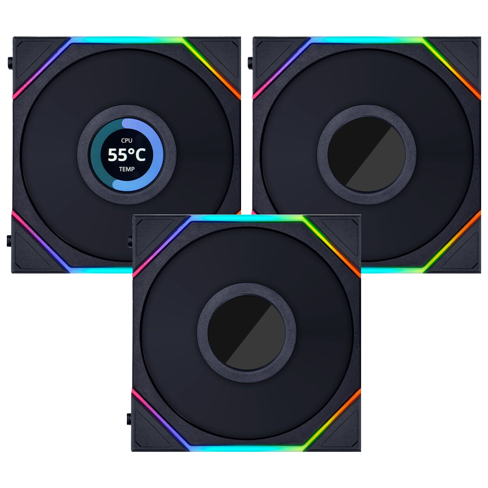 Foto do Produto Cooler para Gabinete Lian Li Uni Fan SL Wireless LCD 120 12X12 LED ARGB Preto - Kit com 3 (12SLLCD1W3B)