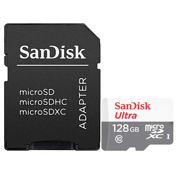 Foto do Produto Cartão de Memória Micro SD de 128GB SanDisk Ultra SDSQUNR-128G-GN3MA - Branco/Cinza