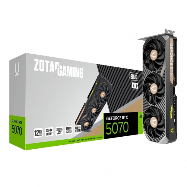 Foto do Produto Placa de Video Zotac Solid OC 12GB Nvidia GeForce RTX5070 GDDR7 ZT-B50700J-10P P288-1N764-301Z8 192Bits 2542Mhz, 1xHDMI, 3xDISPLAYPORT