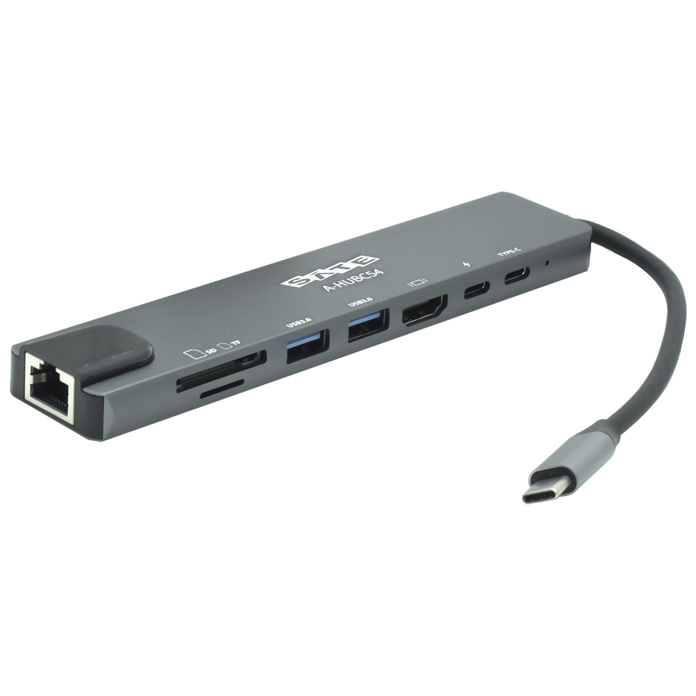 Foto do Produto Hub USB-C 3.1 Satellite A-HUBC54 8 Portas / HDMI / 2 USB 3.0 / RJ45 / SD / TF / 2 USB-C Femea - Preto