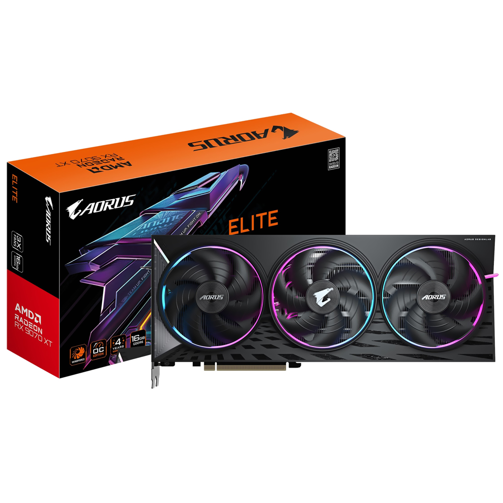Foto do Produto Placa de Video Gigabyte AORUS Elite OC 16 GB Radeon RX9070 XT GDDR6 - GV-R9070XTAORUS E-16GD