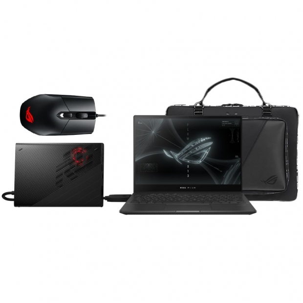 Foto do Produto Notebook Asus ROG Flow X13 GV301QH-K6325T, AMD Ryzen 9 5980HS 3.30GHz (4.80GHz), 16GB RAM, 1TB SSD, Tela 13.4" 360° Touch WUXGA IPS 120Hz, GTX1650 4GB, ROG XG Mobile RTX3080, Windows 10 64BIT, Maleta+Mouse, Espanhol, Preto