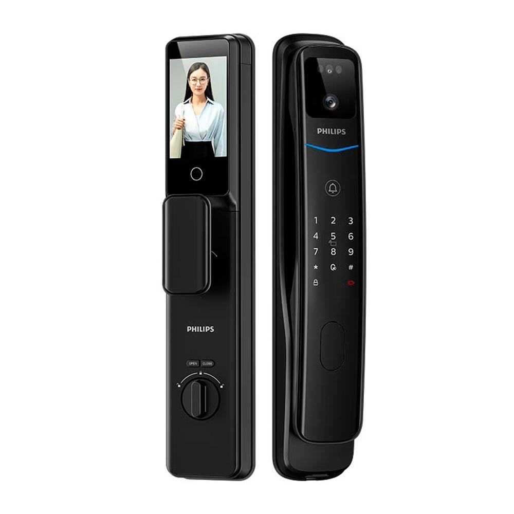 Foto do Produto Fechadura Elétrica Philips DDL702-FVP-7HWS - Reconhecimento Facial/Impressão Digital/Código Secreto/Cartão/Chave Mecânica - Preto