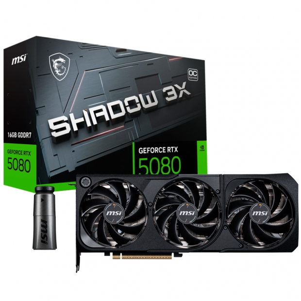 Foto do Produto Placa de Video MSI Shadow 3X OC 16GB Nvidia GeForce RTX5080, GDDR7, 912-V531-031 G5080-16S3C, 256Bits, 2655Mhz, 1xHDMI, 3xDISPLAYPORT, Preto