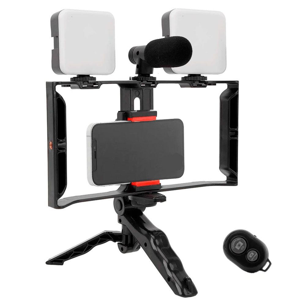 Foto do Produto Bastão de Selfie AY-49X - 2x Luzes LED - Bluetooth - Com Tripé e Microfone - Preto