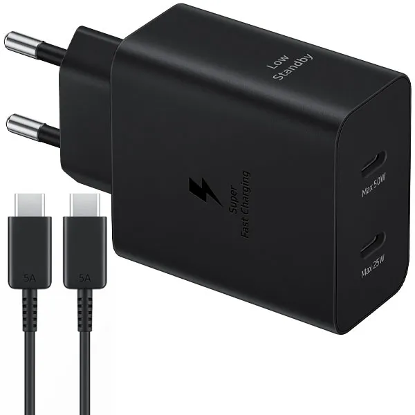 Foto do Produto Carregador Samsung 50W Power Adapter Duo EP-T5020XBEGWW 2 USB-C 50 watts + Cabo USB-C