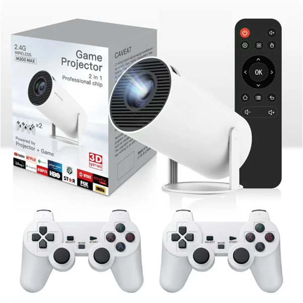 Foto do Produto Game Projetor M300 Max Consola Game Retro / Gamepad 2 Em 1 / Com 2 Controles / 4K / 3D Games / WiFi / Android 11 - Branco