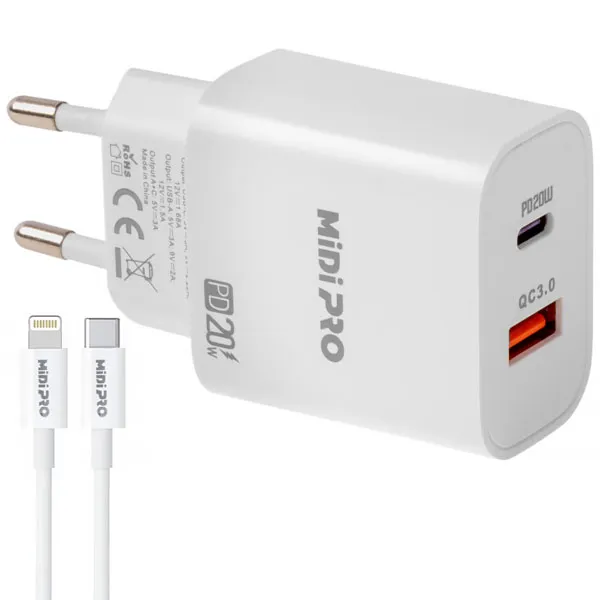 Foto do Produto Carregador MIDI PRO MDP-20WD USB/USB-C de 20 watts + Cabo Lightning