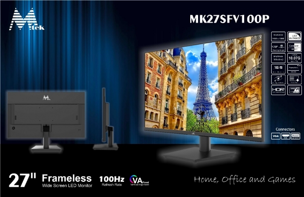 Foto do Produto Monitor Mtek MK27SFV100P 27" Full HD (1920x1080), 5MS, 100HZ, 1xHDMI 2.0, 1xVGA (D-Sub), 1xDisplayPort 1.2, 1xConector de Audio, AMD FreeSync, Preto