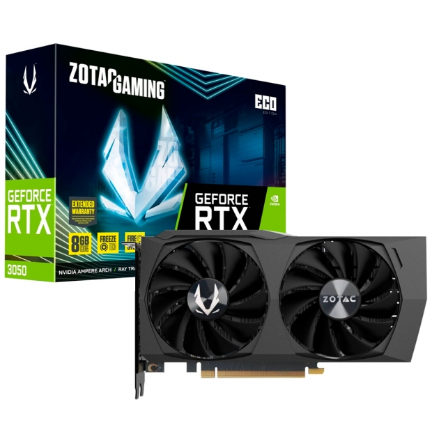 Foto do Produto Placa de Video Zotac Gaming Eco 8GB Nvidia GeForce RTX3050 GDDR6 ZT-A30500K-10M 9288-2N641-100Z 128Bits 1777Mhz, HDMI, 3xDISPLAYPORT