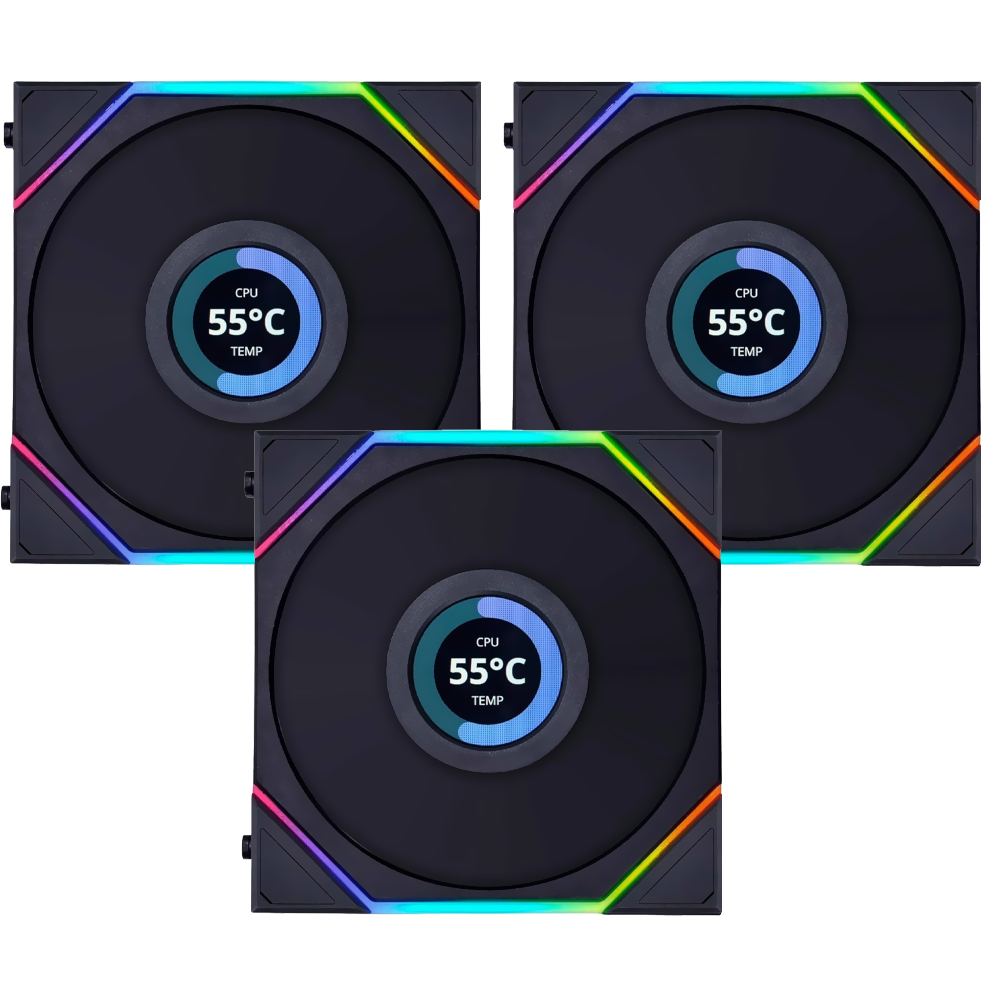 Foto do Produto Cooler para Gabinete Lian Li Uni Fan SL Wireless LCD 120 12X12 LED RGB Preto - Kit com 3 (12SLLCD1W3B)