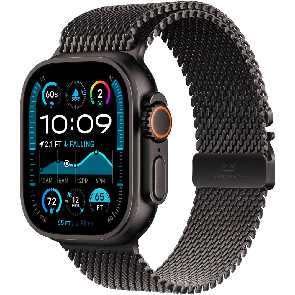 Foto do Produto Apple Watch Ultra 2 49 MM GPS + Celular MX5V3LW/A - Black Titanium/Black Titanium Milanese Loop (Large)