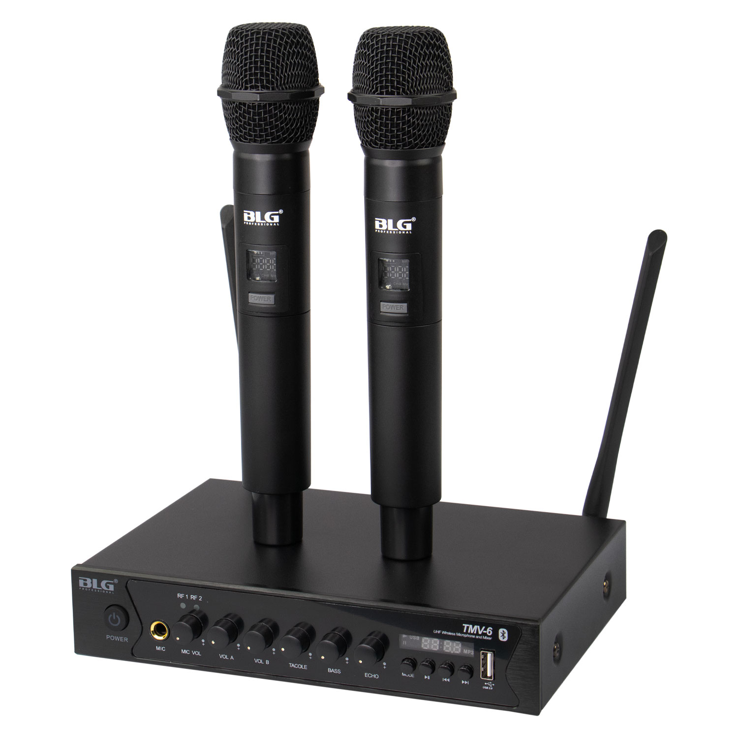 Foto do Produto Microfone BLG TMV-6 - Sem Fio - USB - Bluetooth - 2 Microfones - UHF - Karaoke - Preto
