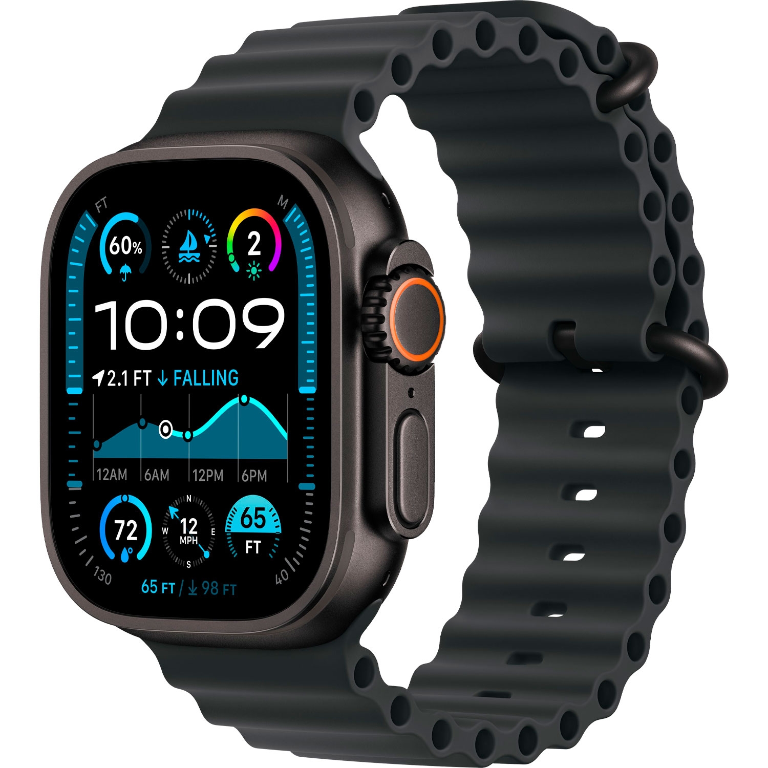 Foto do Produto Apple Watch Ultra 2 MX4P3/LW - Bluetooth - Wi-Fi + E-SIM - 49mm - GPS - Black Titanium/Black Ocean Band