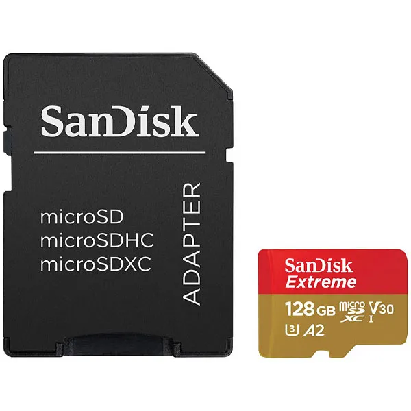 Foto do Produto Cartão de Memória Micro SD de 128GB SanDisk Extreme SDSQXAA-128G-GN6AA - Vermelho/Dourado