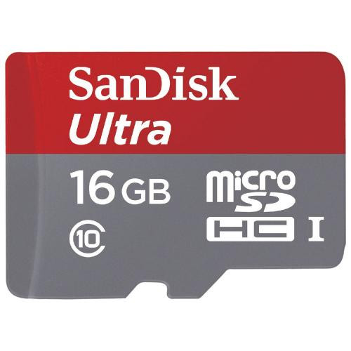 Foto do Produto Cartão de Memoria Micro SD de 16GB Sandisk Ultra 80MB/S Classe 10 SDSQUNS-016G-GN3MA - Cinza/Vermelho