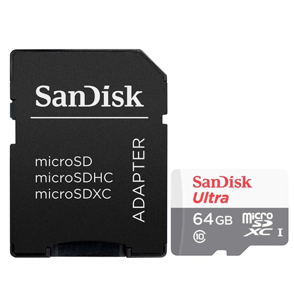 Foto do Produto Cartão de Memória SanDisk Ultra, 64GB, Micro SDXC, C10, 100MB/s, SDSQUNR-064G-G