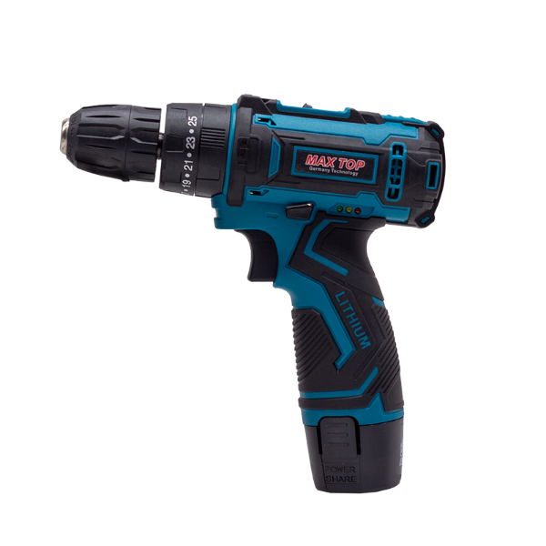 Foto do Produto Furadeira e Parafusadeira sem fio MAX TOP 12V CG-2001 50-60HZ com 2 Baterias - Azul/Preto