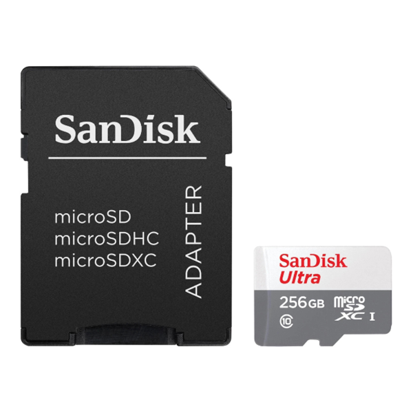 Foto do Produto Cartão de Memoria Micro SD de 256GB Sandisk Ultra SDSQUNR-256G-GN6TA - Branco/Cinza
